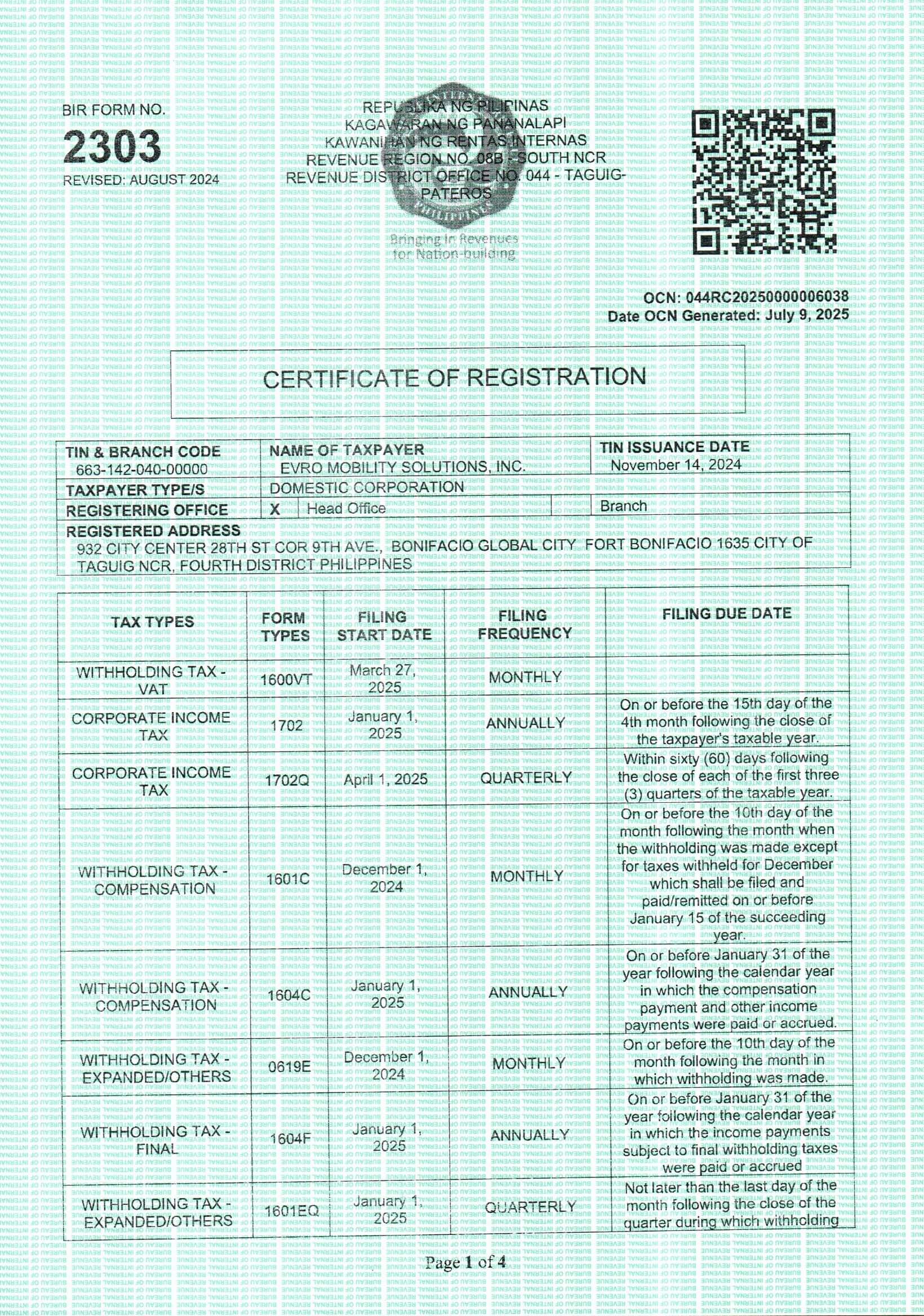 BIR Form 2303 - Page 1