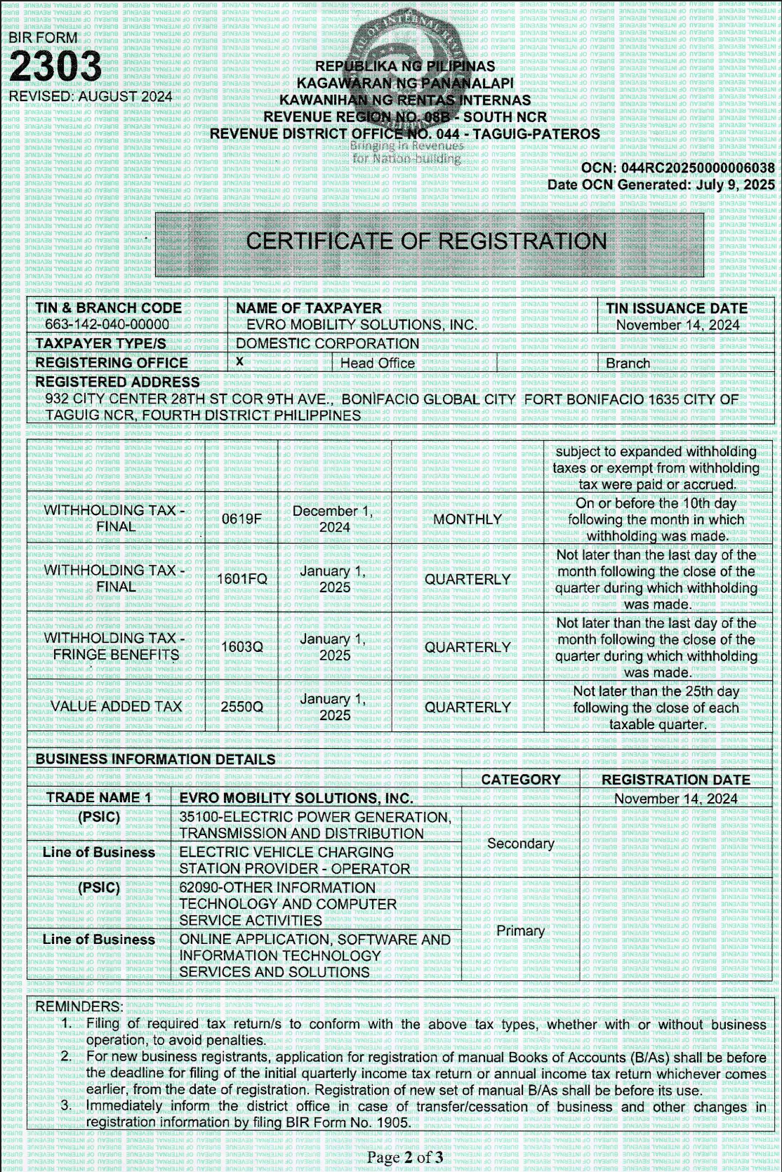 BIR Form 2303 - Page 2