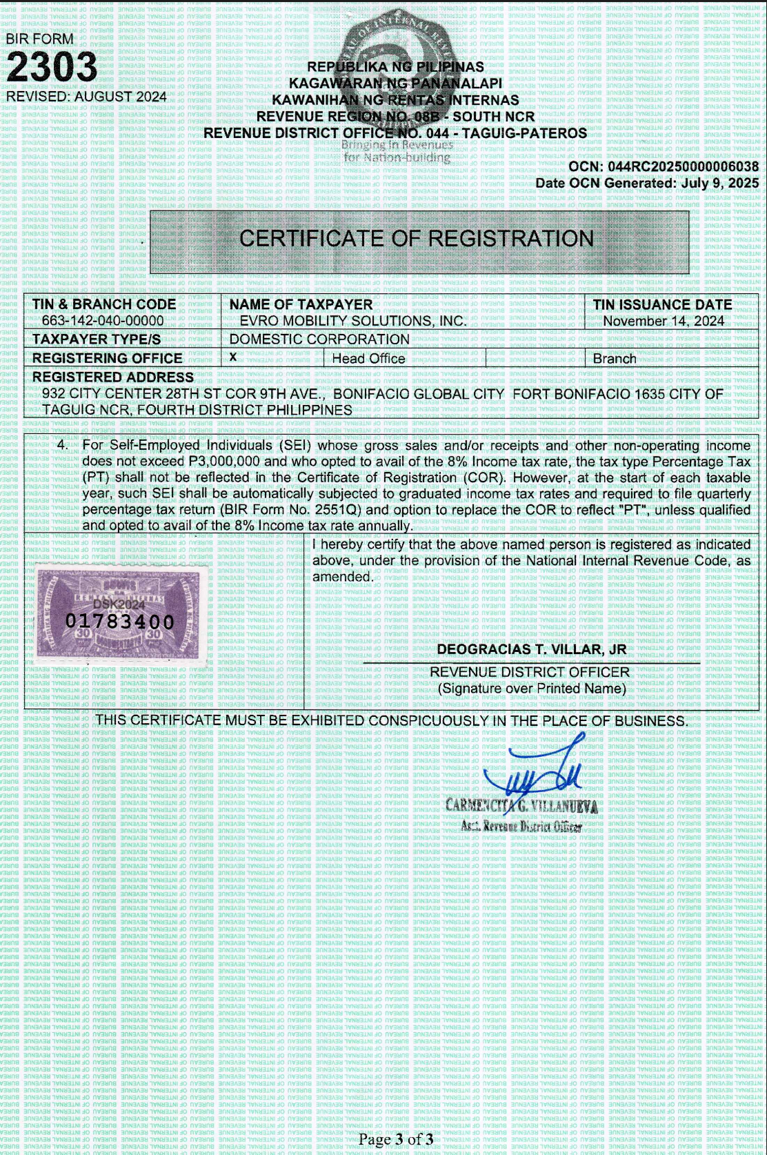 BIR Form 2303 - Page 3